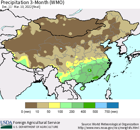 China, Mongolia and Taiwan Precipitation 3-Month (WMO) Thematic Map For 12/11/2021 - 3/10/2022