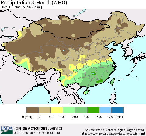 China, Mongolia and Taiwan Precipitation 3-Month (WMO) Thematic Map For 12/16/2021 - 3/15/2022