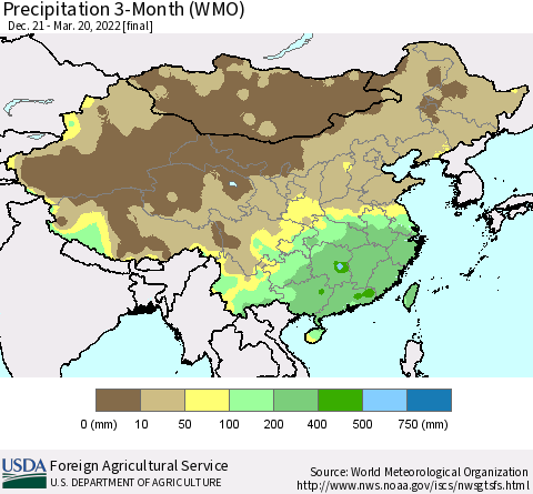 China, Mongolia and Taiwan Precipitation 3-Month (WMO) Thematic Map For 12/21/2021 - 3/20/2022