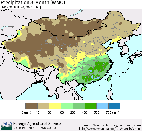 China, Mongolia and Taiwan Precipitation 3-Month (WMO) Thematic Map For 12/26/2021 - 3/25/2022