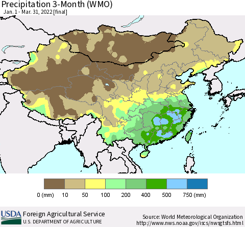 China, Mongolia and Taiwan Precipitation 3-Month (WMO) Thematic Map For 1/1/2022 - 3/31/2022