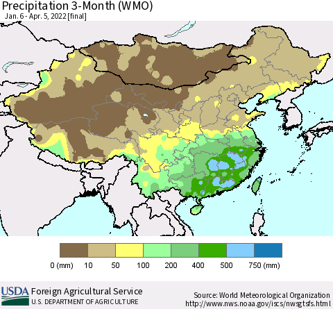 China, Mongolia and Taiwan Precipitation 3-Month (WMO) Thematic Map For 1/6/2022 - 4/5/2022