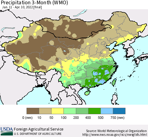 China, Mongolia and Taiwan Precipitation 3-Month (WMO) Thematic Map For 1/11/2022 - 4/10/2022