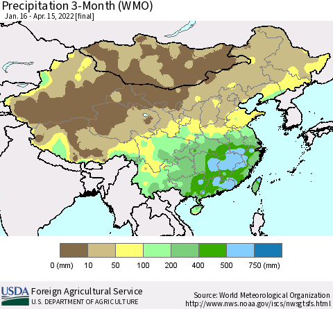 China, Mongolia and Taiwan Precipitation 3-Month (WMO) Thematic Map For 1/16/2022 - 4/15/2022