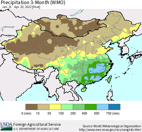 China, Mongolia and Taiwan Precipitation 3-Month (WMO) Thematic Map For 1/21/2022 - 4/20/2022