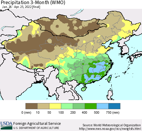 China, Mongolia and Taiwan Precipitation 3-Month (WMO) Thematic Map For 1/26/2022 - 4/25/2022