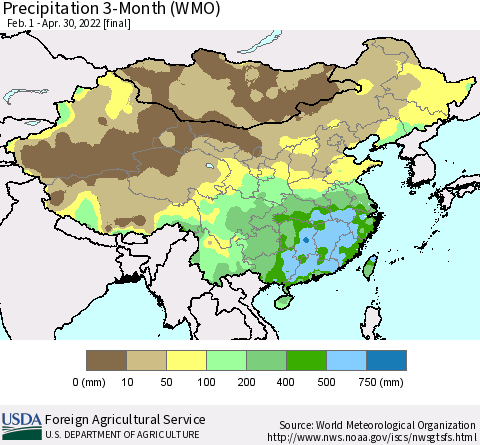 China, Mongolia and Taiwan Precipitation 3-Month (WMO) Thematic Map For 2/1/2022 - 4/30/2022