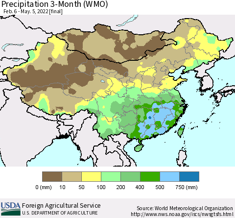 China, Mongolia and Taiwan Precipitation 3-Month (WMO) Thematic Map For 2/6/2022 - 5/5/2022