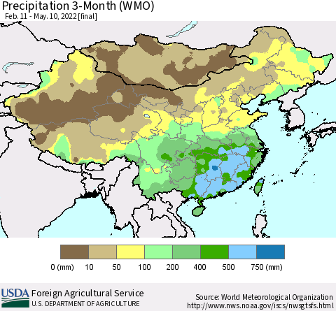 China, Mongolia and Taiwan Precipitation 3-Month (WMO) Thematic Map For 2/11/2022 - 5/10/2022