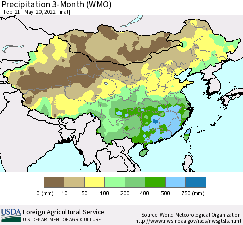 China, Mongolia and Taiwan Precipitation 3-Month (WMO) Thematic Map For 2/21/2022 - 5/20/2022