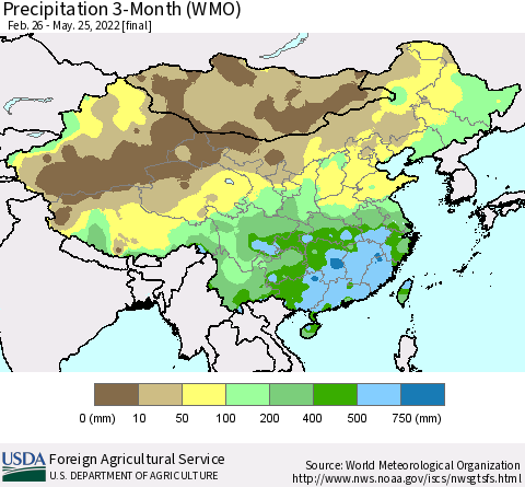 China, Mongolia and Taiwan Precipitation 3-Month (WMO) Thematic Map For 2/26/2022 - 5/25/2022