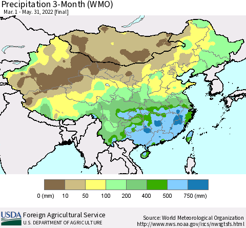 China, Mongolia and Taiwan Precipitation 3-Month (WMO) Thematic Map For 3/1/2022 - 5/31/2022