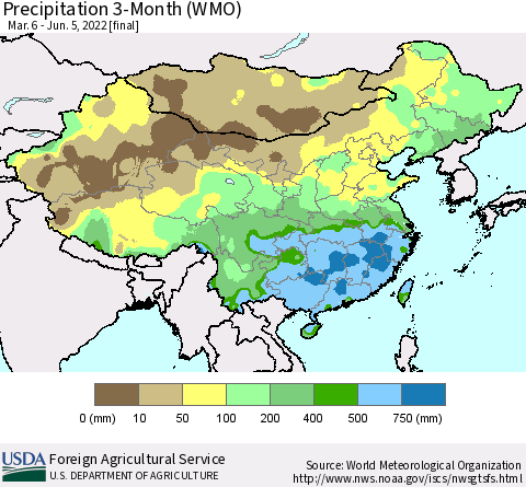 China, Mongolia and Taiwan Precipitation 3-Month (WMO) Thematic Map For 3/6/2022 - 6/5/2022