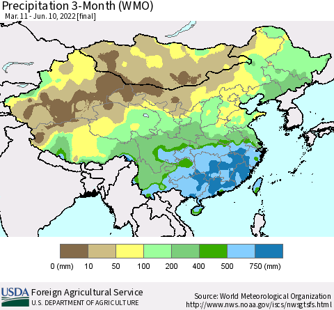 China, Mongolia and Taiwan Precipitation 3-Month (WMO) Thematic Map For 3/11/2022 - 6/10/2022