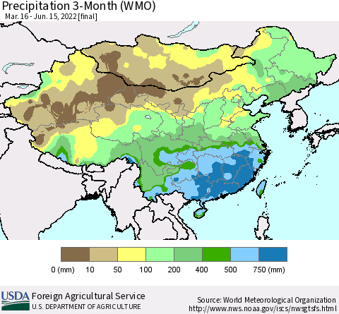 China, Mongolia and Taiwan Precipitation 3-Month (WMO) Thematic Map For 3/16/2022 - 6/15/2022