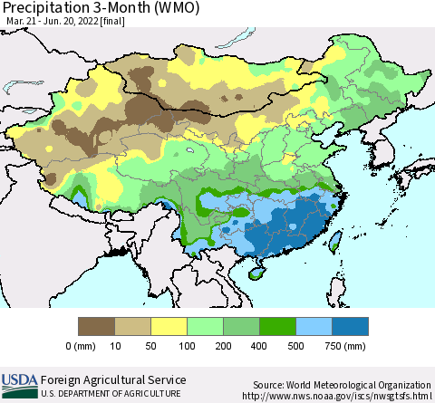 China, Mongolia and Taiwan Precipitation 3-Month (WMO) Thematic Map For 3/21/2022 - 6/20/2022