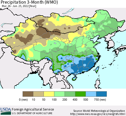 China, Mongolia and Taiwan Precipitation 3-Month (WMO) Thematic Map For 3/26/2022 - 6/25/2022