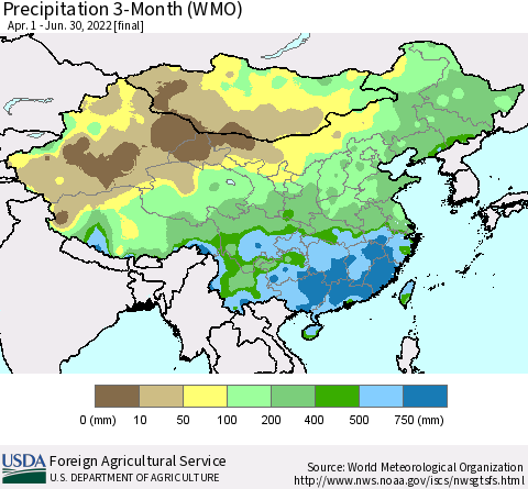 China, Mongolia and Taiwan Precipitation 3-Month (WMO) Thematic Map For 4/1/2022 - 6/30/2022