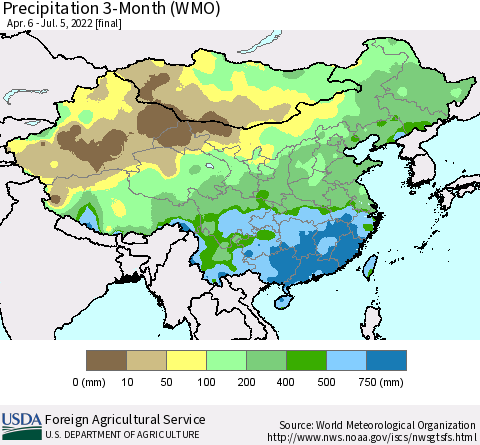 China, Mongolia and Taiwan Precipitation 3-Month (WMO) Thematic Map For 4/6/2022 - 7/5/2022