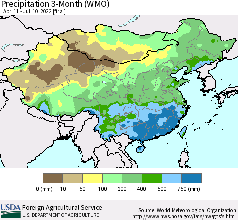 China, Mongolia and Taiwan Precipitation 3-Month (WMO) Thematic Map For 4/11/2022 - 7/10/2022