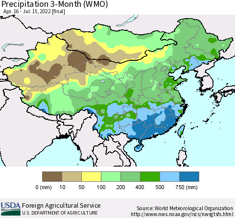 China, Mongolia and Taiwan Precipitation 3-Month (WMO) Thematic Map For 4/16/2022 - 7/15/2022