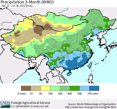 China, Mongolia and Taiwan Precipitation 3-Month (WMO) Thematic Map For 4/21/2022 - 7/20/2022