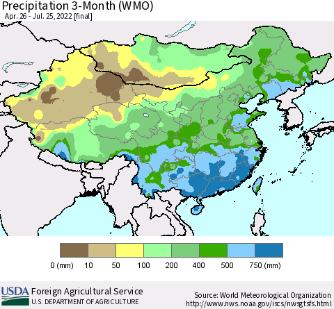 China, Mongolia and Taiwan Precipitation 3-Month (WMO) Thematic Map For 4/26/2022 - 7/25/2022