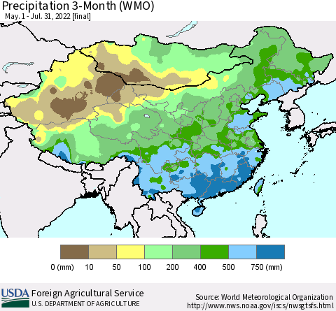 China, Mongolia and Taiwan Precipitation 3-Month (WMO) Thematic Map For 5/1/2022 - 7/31/2022