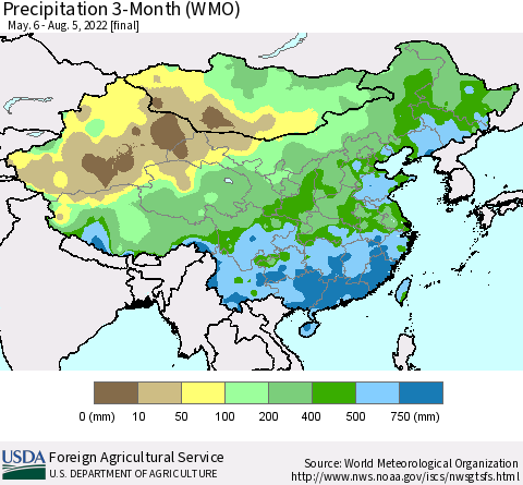 China, Mongolia and Taiwan Precipitation 3-Month (WMO) Thematic Map For 5/6/2022 - 8/5/2022