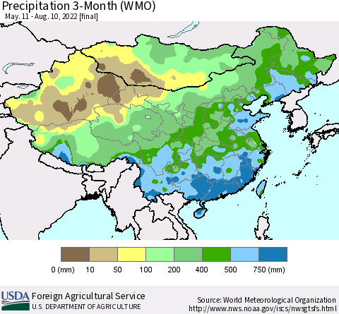China, Mongolia and Taiwan Precipitation 3-Month (WMO) Thematic Map For 5/11/2022 - 8/10/2022