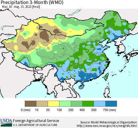 China, Mongolia and Taiwan Precipitation 3-Month (WMO) Thematic Map For 5/16/2022 - 8/15/2022