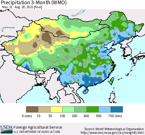 China, Mongolia and Taiwan Precipitation 3-Month (WMO) Thematic Map For 5/21/2022 - 8/20/2022