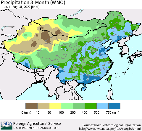 China, Mongolia and Taiwan Precipitation 3-Month (WMO) Thematic Map For 6/1/2022 - 8/31/2022