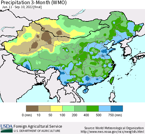China, Mongolia and Taiwan Precipitation 3-Month (WMO) Thematic Map For 6/11/2022 - 9/10/2022
