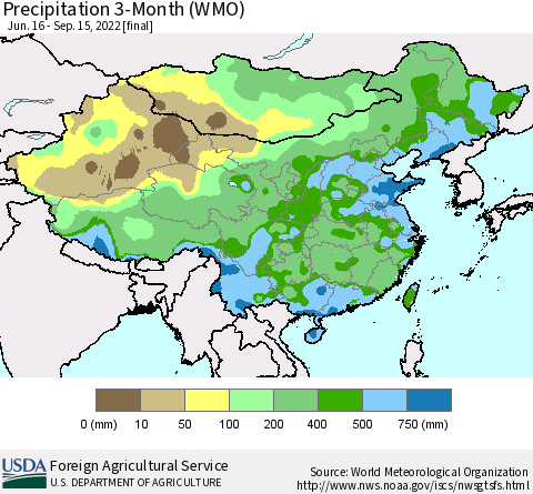 China, Mongolia and Taiwan Precipitation 3-Month (WMO) Thematic Map For 6/16/2022 - 9/15/2022