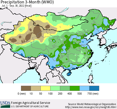 China, Mongolia and Taiwan Precipitation 3-Month (WMO) Thematic Map For 7/1/2022 - 9/30/2022