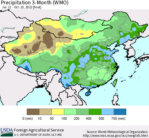 China, Mongolia and Taiwan Precipitation 3-Month (WMO) Thematic Map For 7/11/2022 - 10/10/2022
