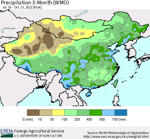 China, Mongolia and Taiwan Precipitation 3-Month (WMO) Thematic Map For 7/16/2022 - 10/15/2022