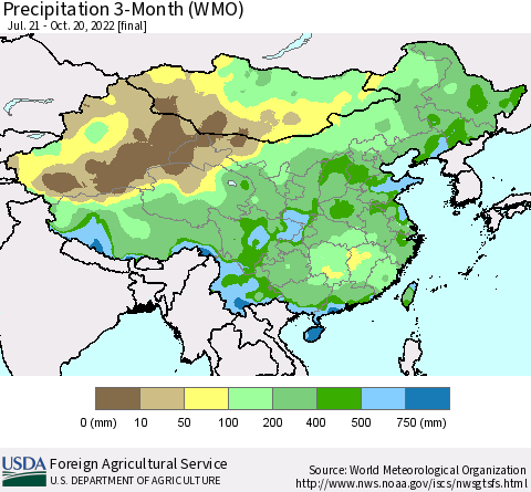 China, Mongolia and Taiwan Precipitation 3-Month (WMO) Thematic Map For 7/21/2022 - 10/20/2022