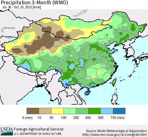 China, Mongolia and Taiwan Precipitation 3-Month (WMO) Thematic Map For 7/26/2022 - 10/25/2022
