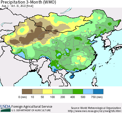 China, Mongolia and Taiwan Precipitation 3-Month (WMO) Thematic Map For 8/1/2022 - 10/31/2022