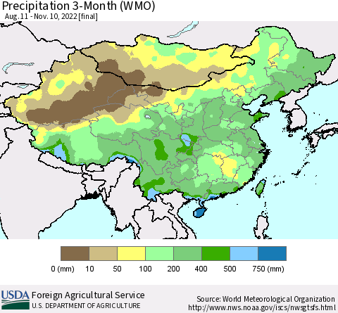 China, Mongolia and Taiwan Precipitation 3-Month (WMO) Thematic Map For 8/11/2022 - 11/10/2022