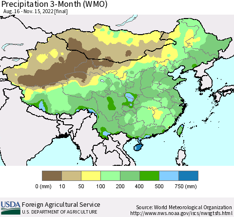 China, Mongolia and Taiwan Precipitation 3-Month (WMO) Thematic Map For 8/16/2022 - 11/15/2022