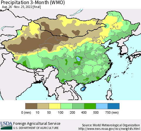 China, Mongolia and Taiwan Precipitation 3-Month (WMO) Thematic Map For 8/26/2022 - 11/25/2022