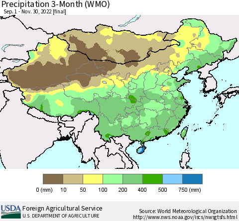 China, Mongolia and Taiwan Precipitation 3-Month (WMO) Thematic Map For 9/1/2022 - 11/30/2022