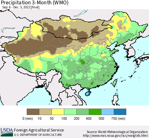 China, Mongolia and Taiwan Precipitation 3-Month (WMO) Thematic Map For 9/6/2022 - 12/5/2022