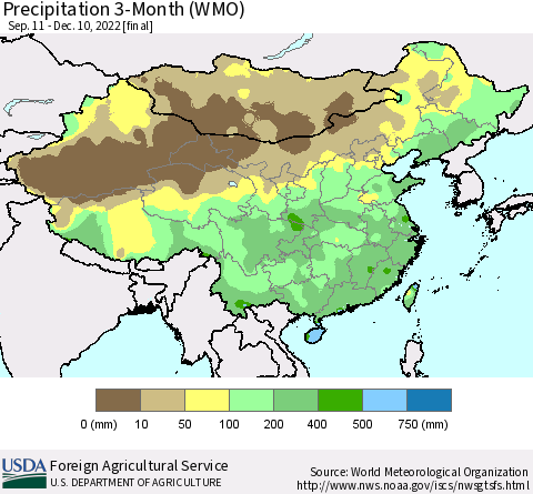China, Mongolia and Taiwan Precipitation 3-Month (WMO) Thematic Map For 9/11/2022 - 12/10/2022