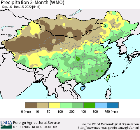 China, Mongolia and Taiwan Precipitation 3-Month (WMO) Thematic Map For 9/16/2022 - 12/15/2022