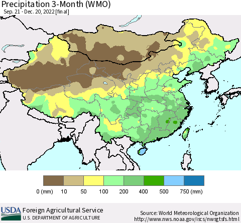China, Mongolia and Taiwan Precipitation 3-Month (WMO) Thematic Map For 9/21/2022 - 12/20/2022
