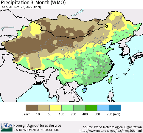 China, Mongolia and Taiwan Precipitation 3-Month (WMO) Thematic Map For 9/26/2022 - 12/25/2022